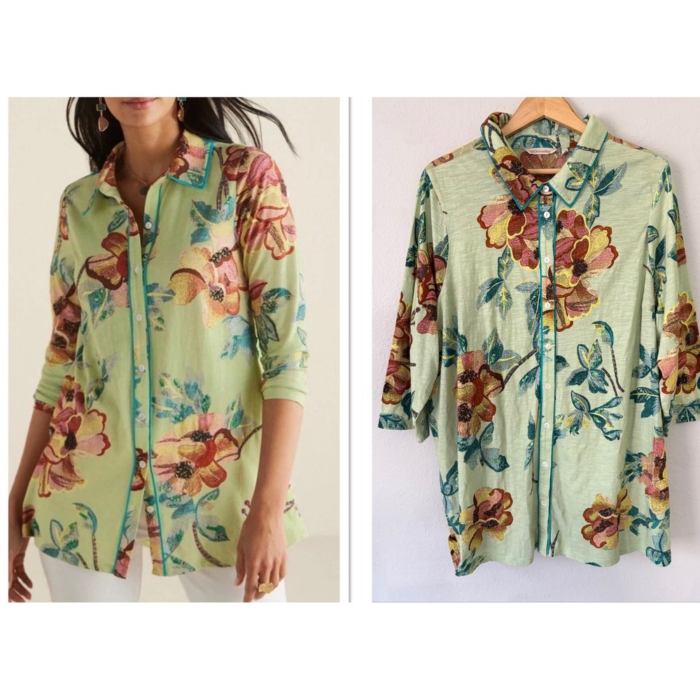 Soft Surroundings Womens Elena Floral Embroidered Button Front Tunic 2X Boho Top